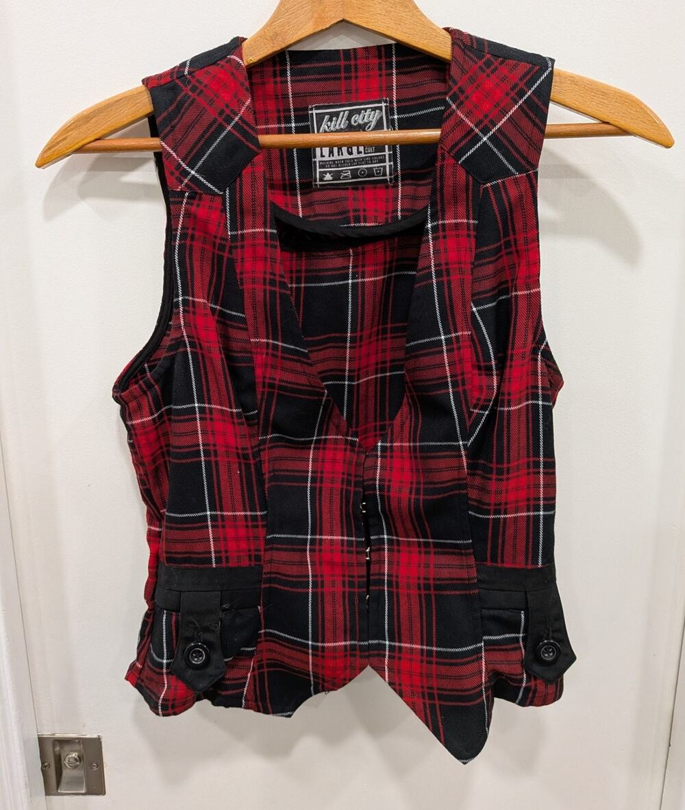 Kill City Red Black Tartan Plaid Hook & Eye Vest Size Large Punk Goth Rockabilly